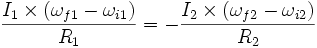 \frac{I_1\times(\omega_{f1} - \omega_{i1})}{R_1} = - \frac{I_2\times(\omega_{f2} - \omega_{i2})}{R_2}