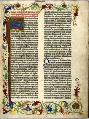 Printers copy of a page from a Gutenberg Bible, printed in Germany about 1469.