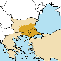 Thrace (colored dark orange), superimposed over modern state borders.